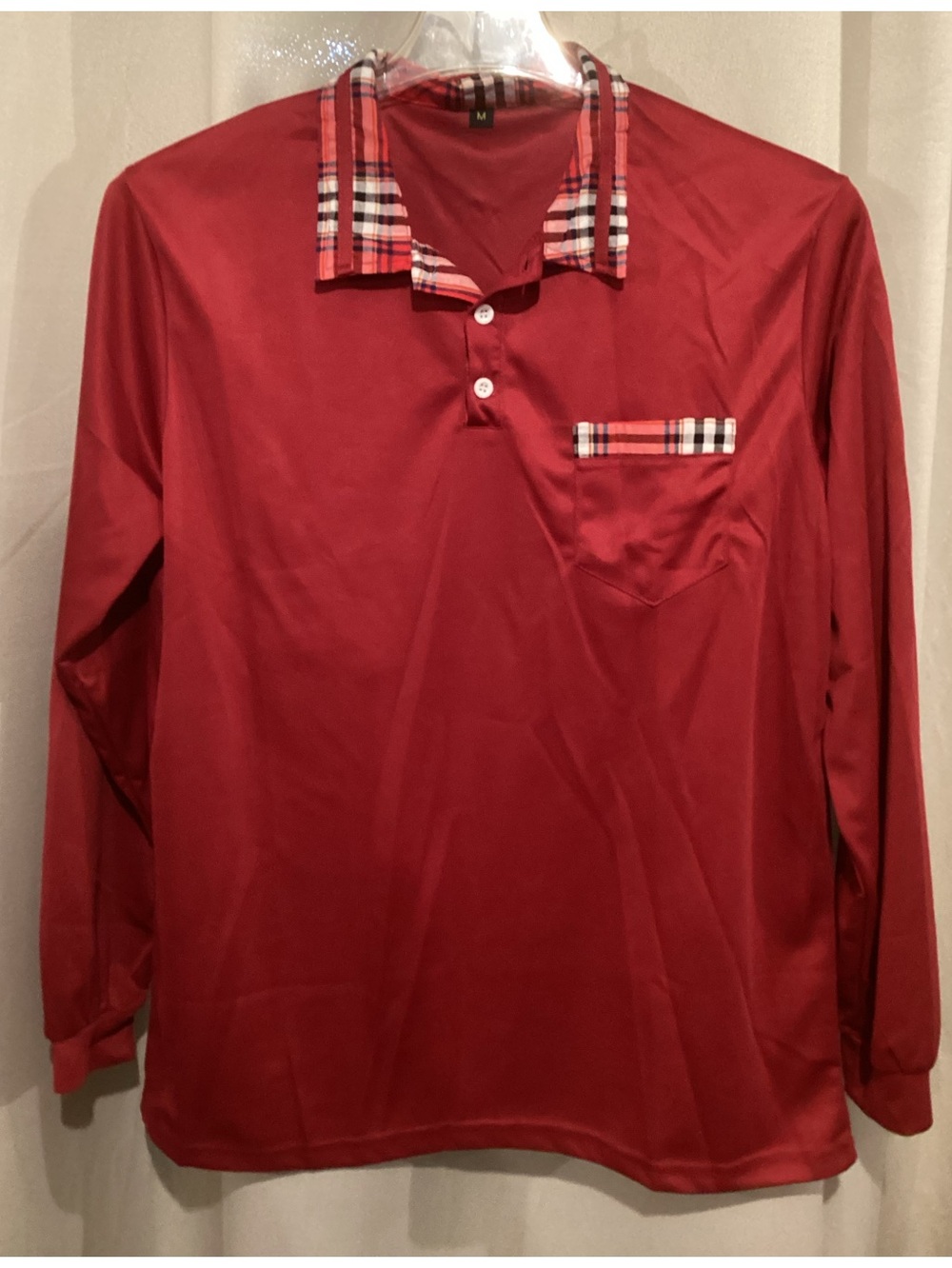 Red Long Sleeve Polo with Plaid Trim